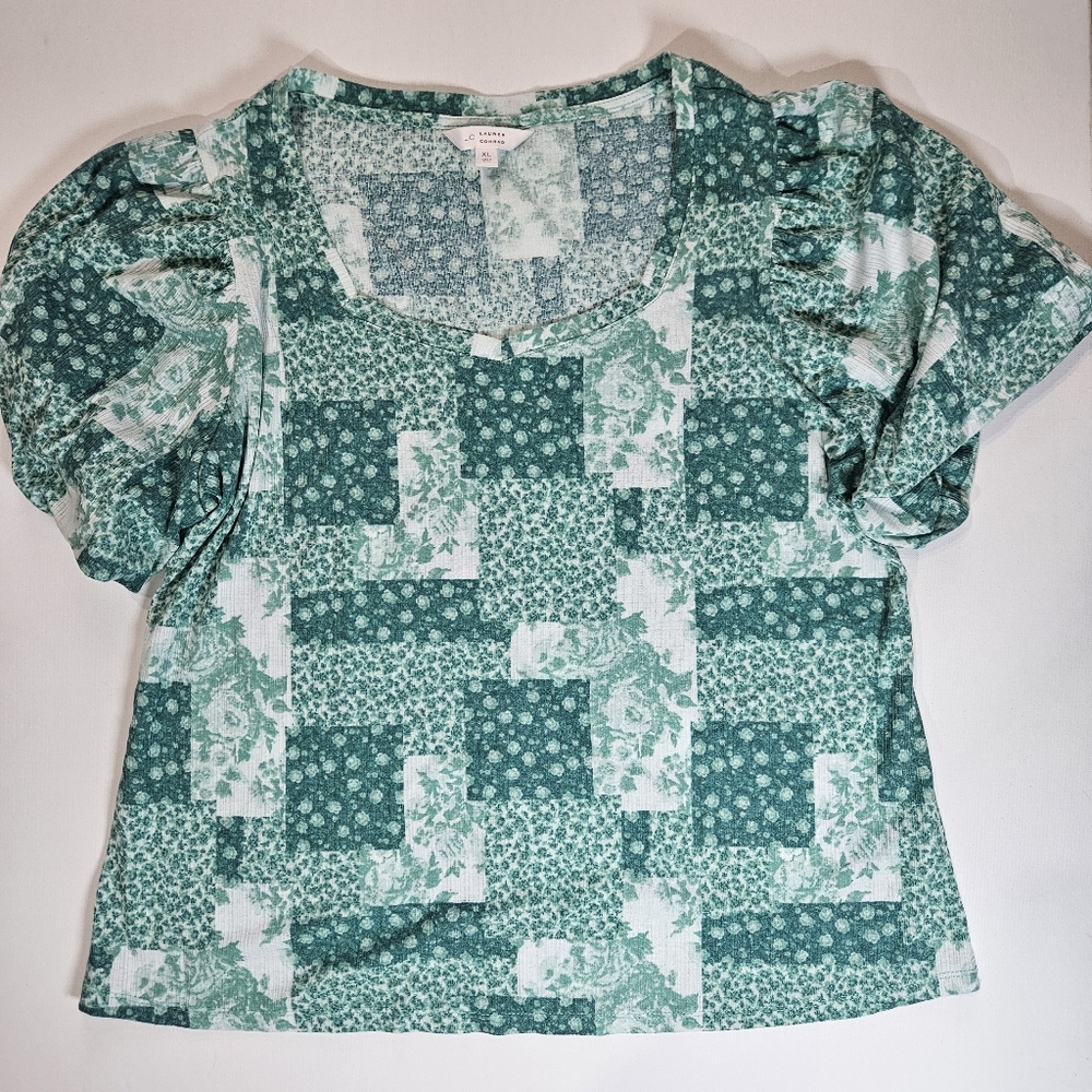 Lauren Conrad‎ Blouse Womens XL Green White Patchwork Floral Cottagecore NWOT